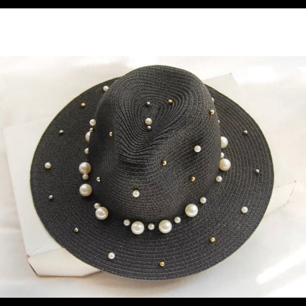 2022 Fedora Hat with Pearl Decoration | Summer Panama | Beach Sun Hat | Black